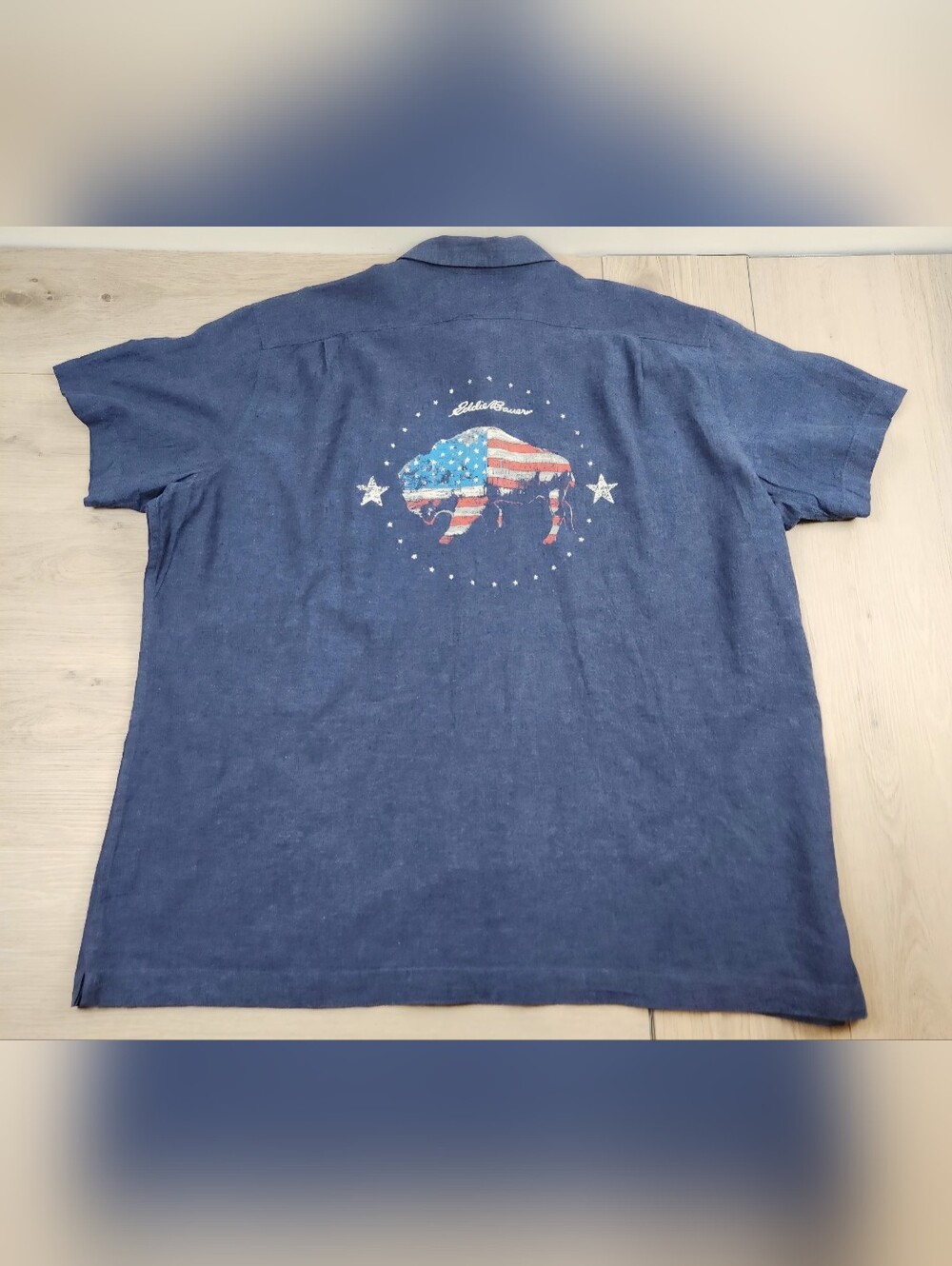 Eddie Bauer Shirt Mens 2XL Blue Short Sleeve Button Up Bison Flag Linen Blend